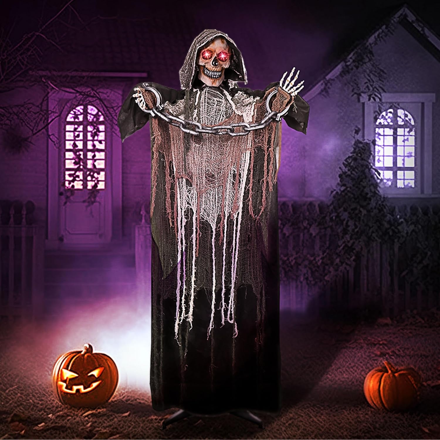 67" Halloween Animatronics Grim Reaper with Chain, Halloween Skeleton Life Size with Light-Up Eyes and Creepy Sound, Scary Halloween Decorations outside Haunted House Props Outdoor Holiday Decor