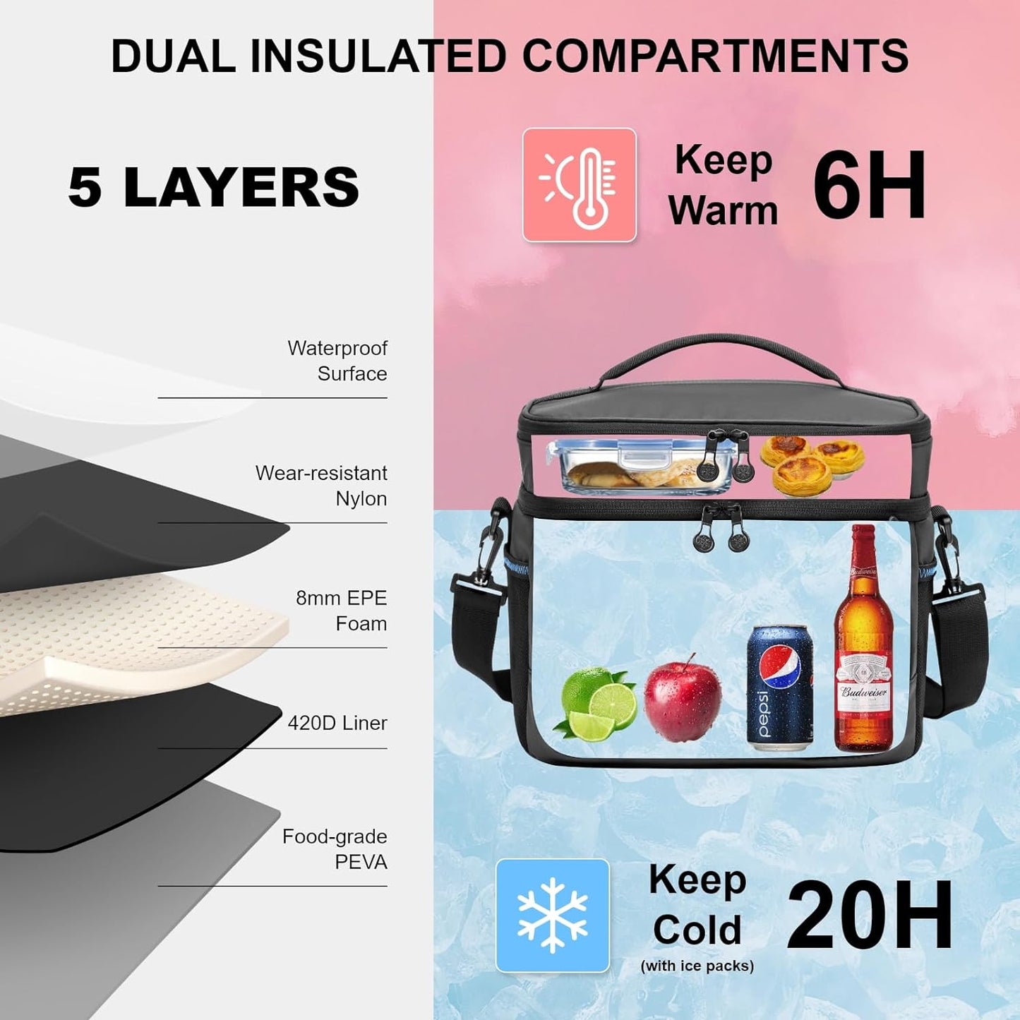 Small Cooler Bag Insulated Beach Cooler Lunch Bag for Men 24 Can Dual Compartments Reusable Waterproof Leak-Proof for Travel Work Picnic, Black