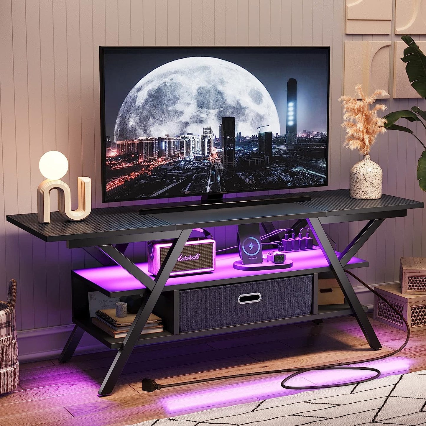 LED Entertainment Center with Power Outlets Gaming TV Stand for TV up to 65 Inch 55” TV Game Console for Living Room Bedroom Removable Drawer 20 Dynamic RGB Modes, Carbon Fiber Black