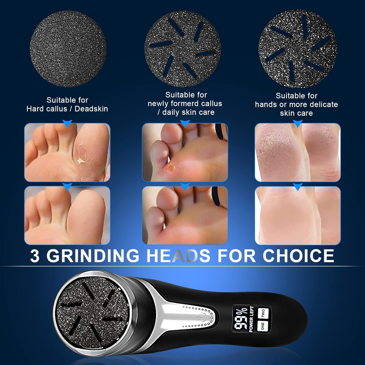 Electric Callus Remover for Feet (With Dander Vacuum), Portable Pedicure Kit Foot File Callus Remover, Rechargeable Waterproof Foot File for Foot Care Deadskin Remover with 3Head&Lcd Display