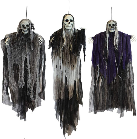 3 Pack Hanging Halloween Skeleton Ghosts Decorations, Grim Reapers for Best Halloween Outdoor Decorations