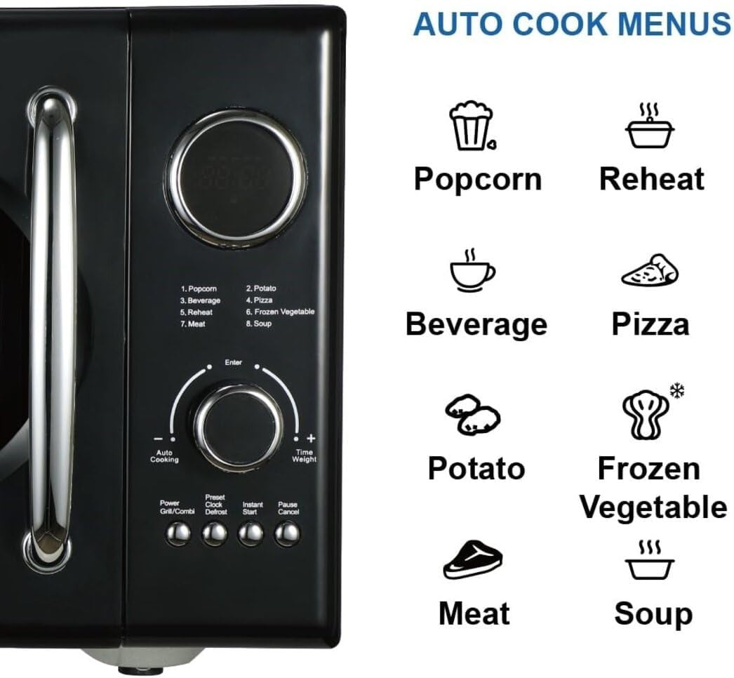 Radio .9 Cu Ft Digital Microwave Oven, Grill Function, 1,000 Watt, Retro & Chrome, 8 Pre-Programmed Settings, Express & Defrost, Chrome Handle & Control Buttons, Timer & LED Display,Black