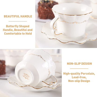 Tea Cups and Saucers with Golden Trim,Set of 6 (8.5 OZ), Luxury Relief Printing Coffee Cups with Metal Stand, British Royal Porcelain Tea Party Set - White