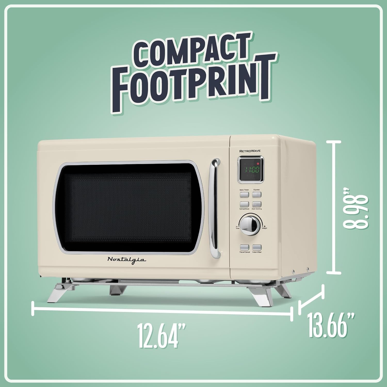 Mid-Century Retro Countertop Microwave Oven - Large 900-Watt - 0.9 Cu Ft - 8 Pre-Programmed Cooking Settings - Digital Clock - Kitchen Appliances - Cream