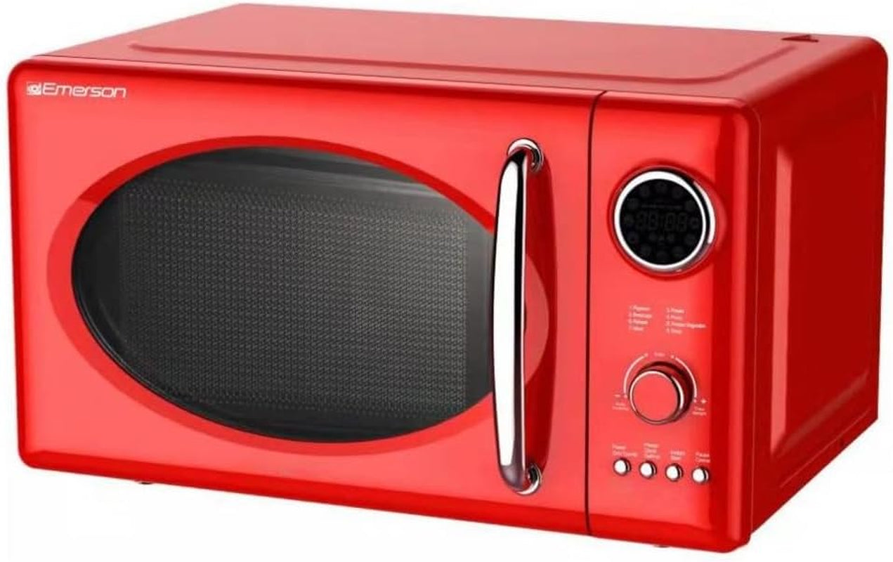 MWRG0901RD Retro Compact Countertop 800W Microwave Oven with 1,000W Grill Function, LED Display 5 Power Levels, 8 Auto Menus, Glass Turntable and Child Safe Lock, 0.9 Cu. Ft, Red