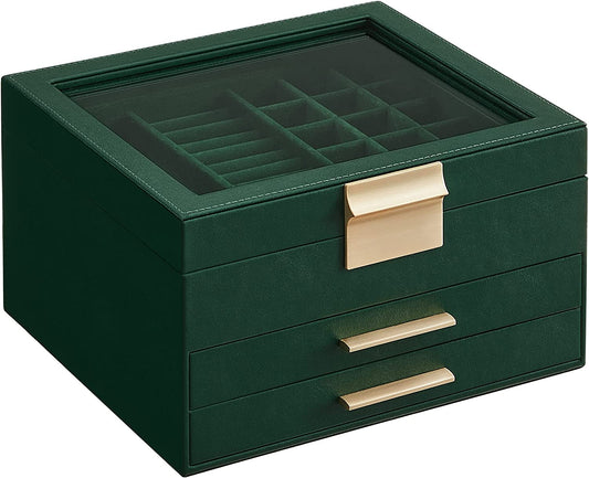 Jewelry Box with Glass Lid, 3-Layer Jewelry Organizer, 2 Drawers, for Big and Small Jewelry, Jewelry Storage, Modern Style, 8 X 9.1 X 5.3 Inches, Forest Green and Gold Color UJBC239C01