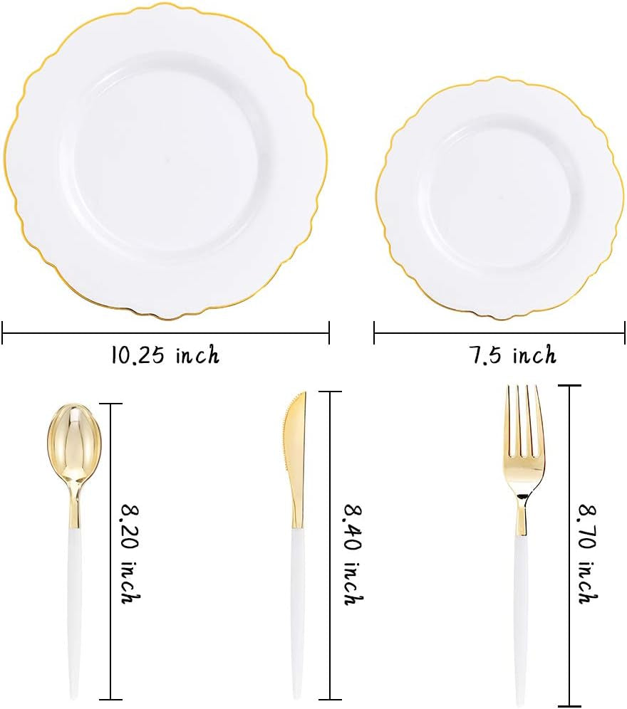 30Guest Gold Plastic Plates Disposable - Gold Plastic Silverware with White Handle Baroque Plates Disposable for Weddings, Parties, Mother'S Day