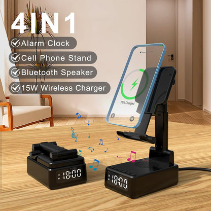 Gifts for Men Women,4 in 1 Cell Phone Stand with Bluetooth Speaker and Wireless Charger Alarm Clock Mens Womens Gifts Unique for Dad Him Mom Women Her Husband Gifts