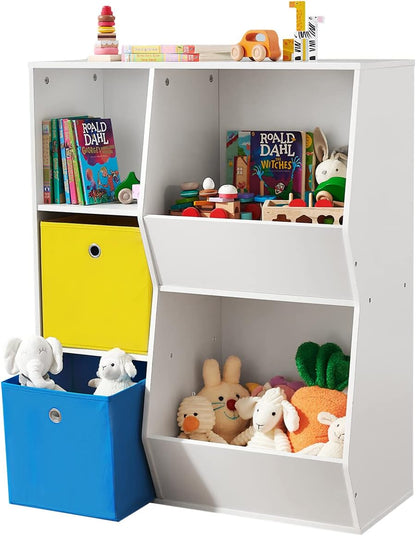 3 Shelves Toy Storage Organizer, with Compartments, Shelves and Fabric Bins, for Kids Room, Playroom, White