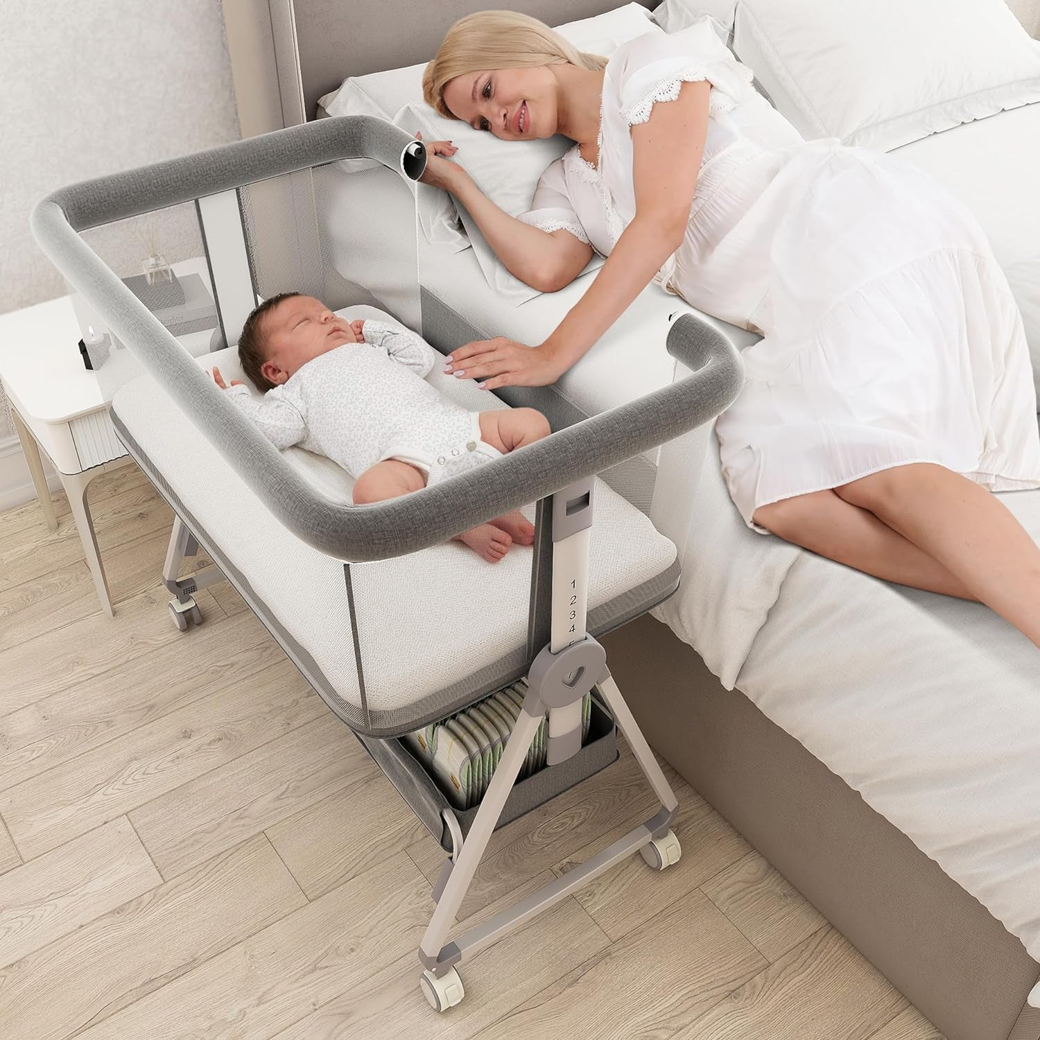Baby Bassinet Bedside Sleeper with Rocking - All Mesh Portable Bedside Crib for Safe Co-Sleeping, Storage Basket and Wheels, Adjustable Height, Includes Travel Bag, Mosquito Net - Design By Technique