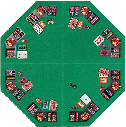 48 Inch Foldable 8-Player Texas Poker Card Table Top Layout Portable Anti-Slip Rubber Board Game Mat with Cup Holders and Carrying Bag, Green