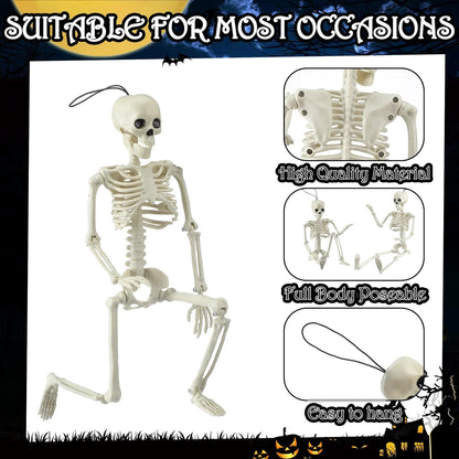 12 Pcs 16” Posable Halloween Skeleton Decoration Full Body Halloween Hanging Skeleton with Movable Joints Plastic Skeleton for Halloween Graveyard Haunted House Decor