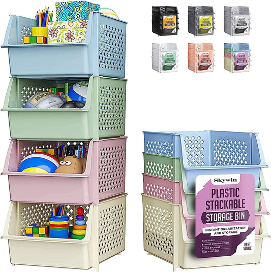 Tidyfriend Stackable Storage Bins for Pantry - 4-Pack Stackable Bins for Organizing Food, Kitchen, and Bathroom Essentials (Multicolor)