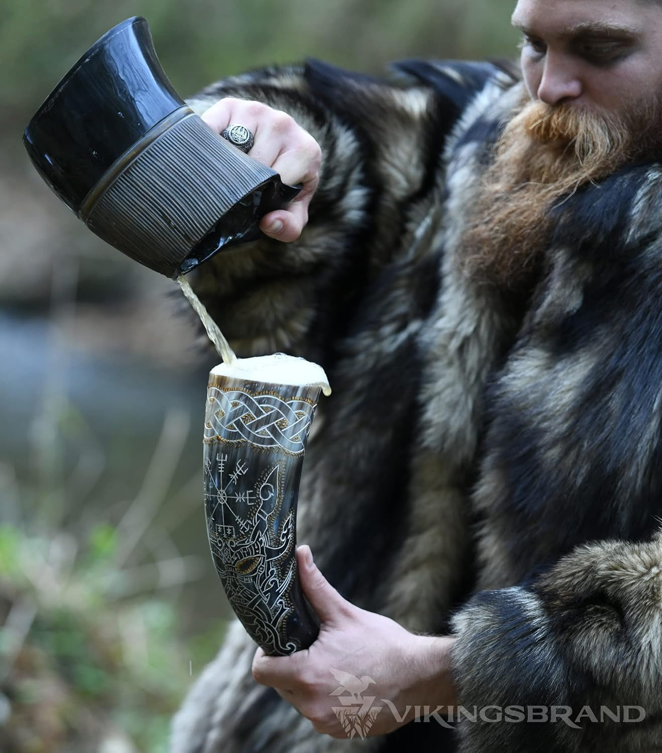 Authentic Handmade Viking Drinking Horn - Medieval Norse Ale Drinking Mug for Vikings with Stand - Hand Engraved Viking'S Drink Cup - Food Safe Beer Horns (Odin & Vegvisir - 14 Inches), 2 Piece Set