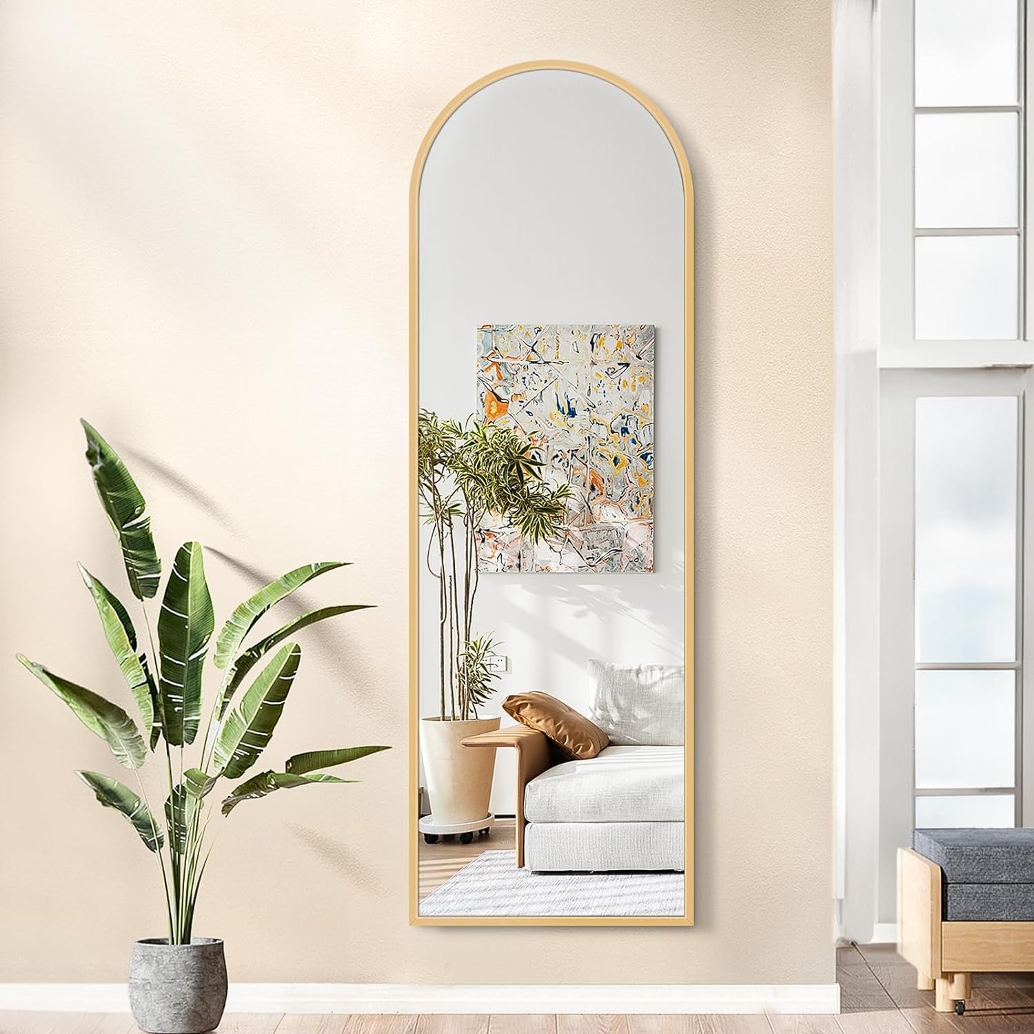 Arched Full Length Mirror,64"X21" Floor Mirror, Mirror Full Length Standing Hanging or Leaning against Wall, Freestanding Full Body Mirror, Wall Mounted Mirror with Thin Aluminum Frame (Gold) - Design By Technique