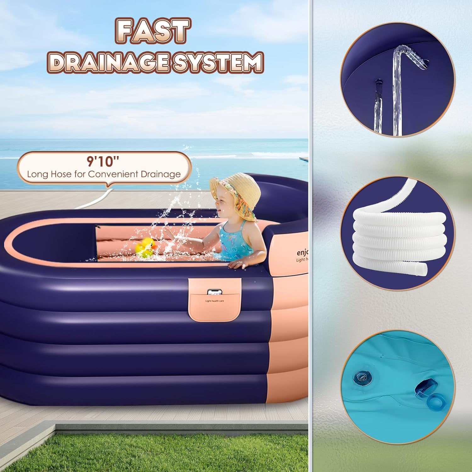 Inflatable Bathtub Adult 63'' Portable Blow up Bath Tubs with Cordless Air Pump, Ideal for Hot Ice Bath, Quick Drain Design with 9'10'' Long Hose, Phone Pocket, Water Cushion (Orange)