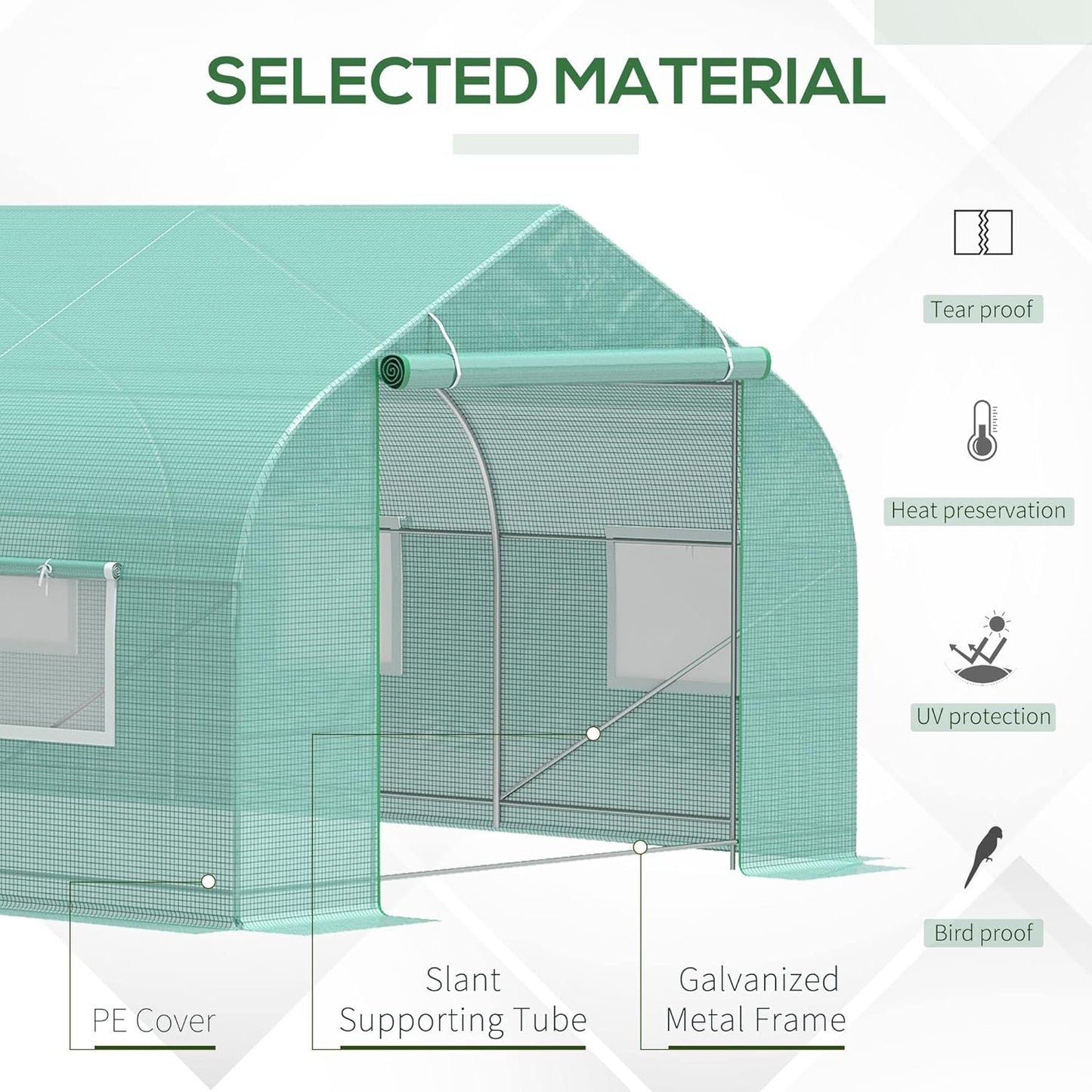 20' X 10' X 7' Outdoor Walk-In Greenhouse, Tunnel Green House with Roll-Up Windows, Zippered Door, PE Cover, Heavy Duty Steel Frame, Green - Design By Technique