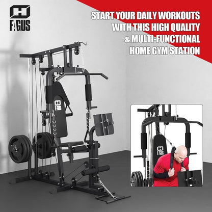 Home Gym Workout Station, Multifunctional Home Gym System with Leg Extension, Leg Press, Preacher Curl and Full Body Exercise Accessories, Plate Loaded Strength Training Machine