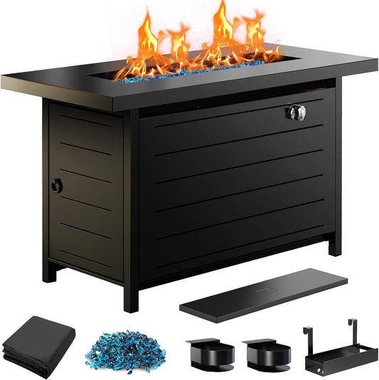 43″ Propane Fire Pit with Glass Beads & Lid, 60,000 BTU Csa-Certified Gas Fire Pit with Cup Holders, Hanging Shelf & Nylon Cover, Large Fire Pit Table for Patio/Porch/Deck, Black