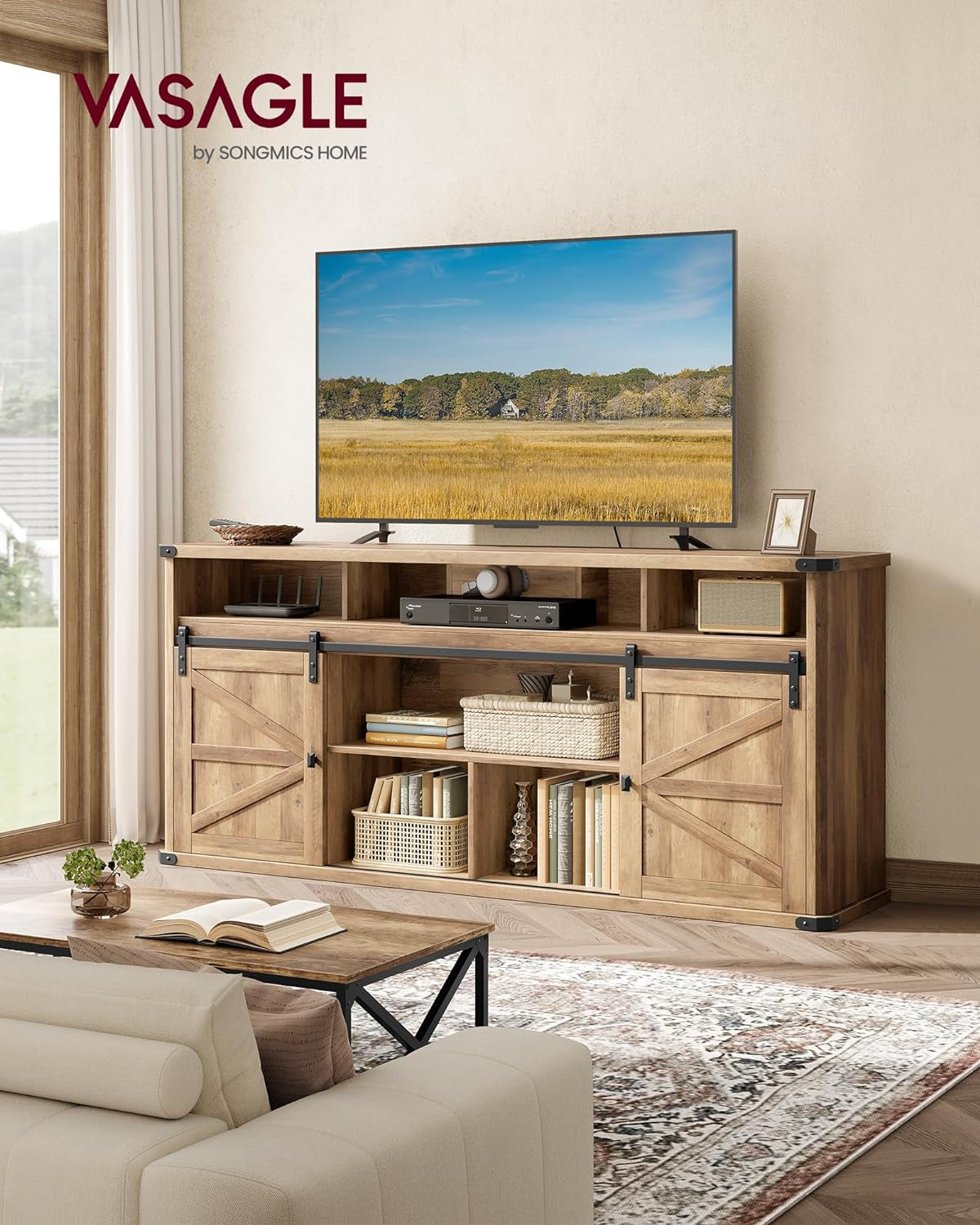 TV Stand for Tvs up to 75 Inches, Farmhouse Entertainment Center with Sliding Barn Doors, TV Console Table for Living Room, Honey Brown ULTV323K41