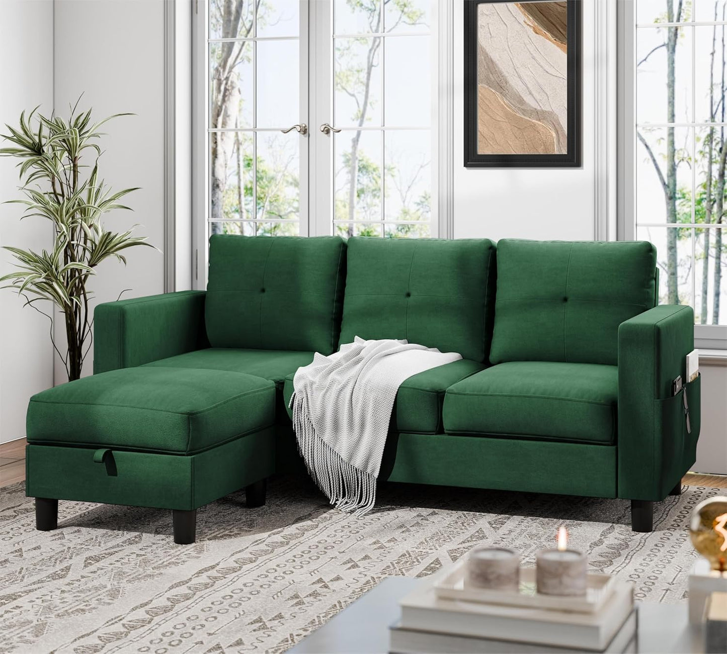 Convertible Sectional Sofas Couches for Living Room, L Shaped Couch with Storage Ottoman, Small Sectional 3 Seater Sofa for Small Spaces, Green