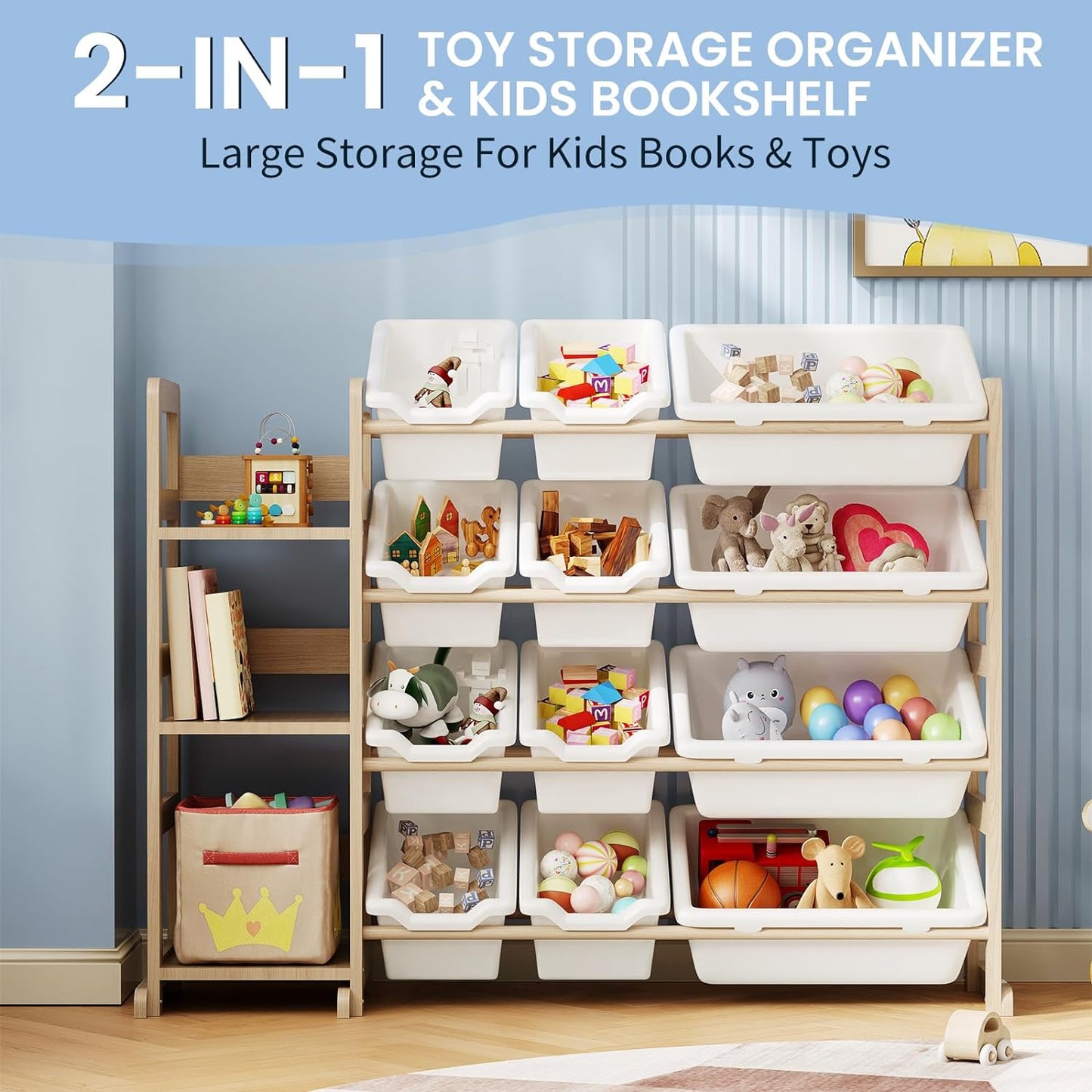 Toy Storage Organizer - Toy Organizers and Storage with Bookshelf, Toy Storage Shelf with 3 Shelves and 12 Storage Bins, Kids Bookshelf and Toy Storage for Kids Room, Playroom, Bedroom, Nursery, White