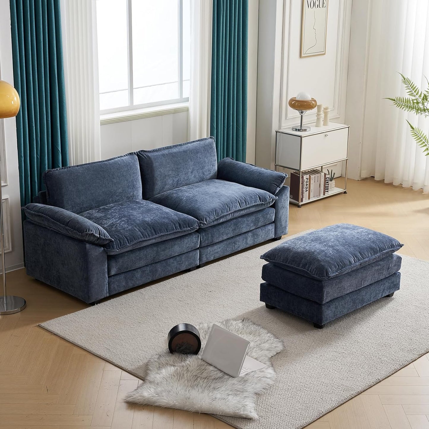 85.4" Cloud Sectional Sofa, Comfy L-Shaped Extra Deep Seat Sofa Couch for Living Room,Modern 2-Seat Convertible Loveseat Sofa with Ottoman for Small Space(Navy Blue)