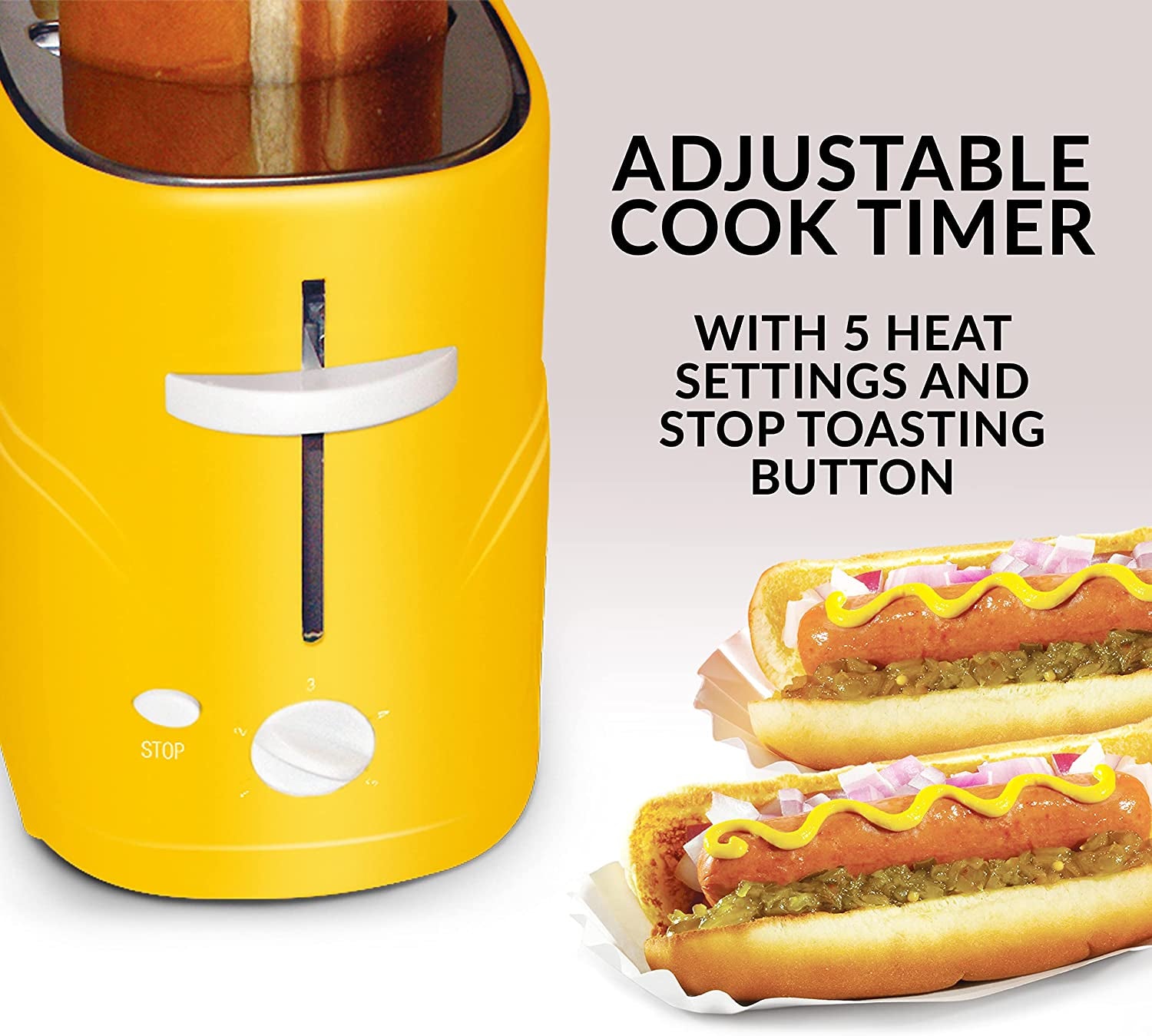 Oscar Mayer 2 Slot Hot Dog and Bun Toaster with Mini Tongs, Hot Dog Toaster Works with Chicken, Turkey, Veggie Links, Sausages and Brats, Yellow