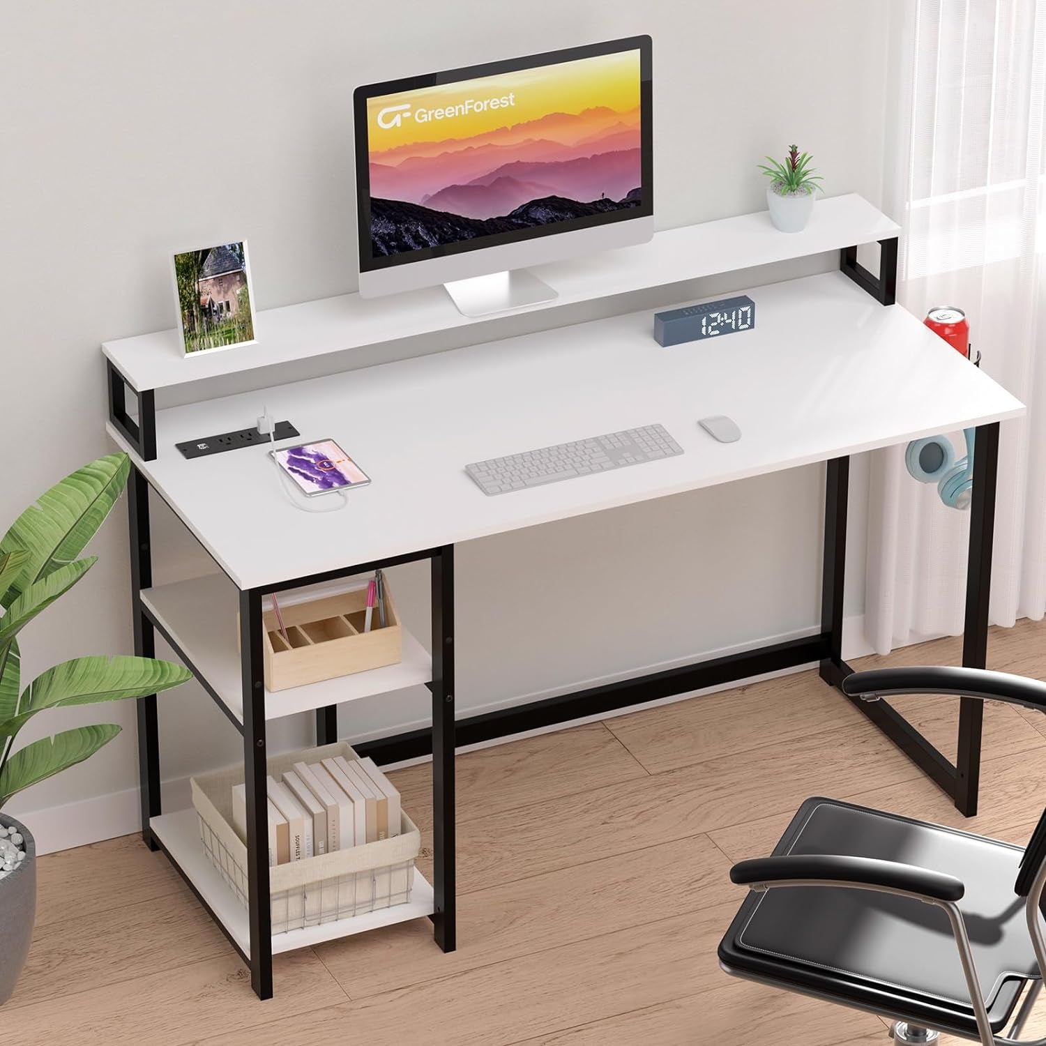 Computer Desk with USB Charging Port and Power Outlet, Reversible Small Desk with Monitor Stand and Storage Shelves for Home Office, 40 in Work Desk with Cup Holder Hook, White