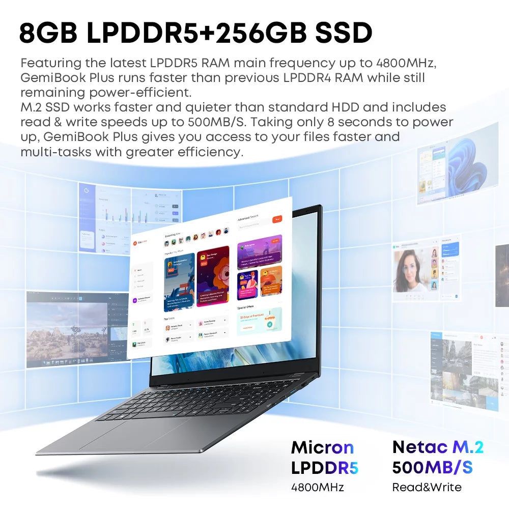 Gemibook plus 15.6" Laptop 256GB SSD 8GB Ddr5,12Th Gen Intel N100,2K IPS Display,Quad Core,Windows 11 Gaming Notebook Computer,3.4Ghz,Wifi 6,1920*1080