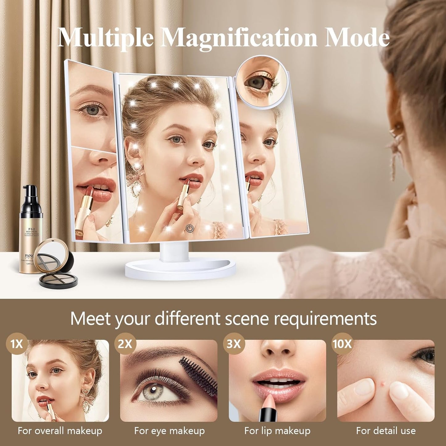 Makeup Mirror Vanity Mirror with Lights, 2X 3X 10X Magnification, Lighted Makeup Mirror, Touch Control, Trifold Makeup Mirror, Dual Power Supply, Portable LED Makeup Mirror, Women Gift (White)