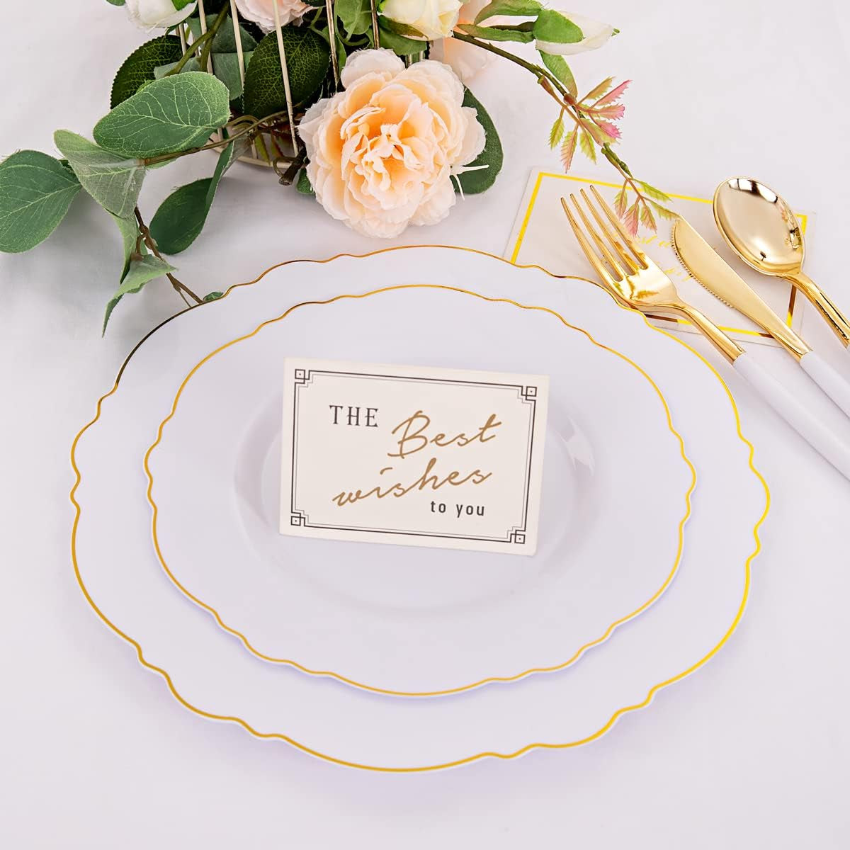 30Guest Gold Plastic Plates Disposable - Gold Plastic Silverware with White Handle Baroque Plates Disposable for Weddings, Parties, Mother'S Day