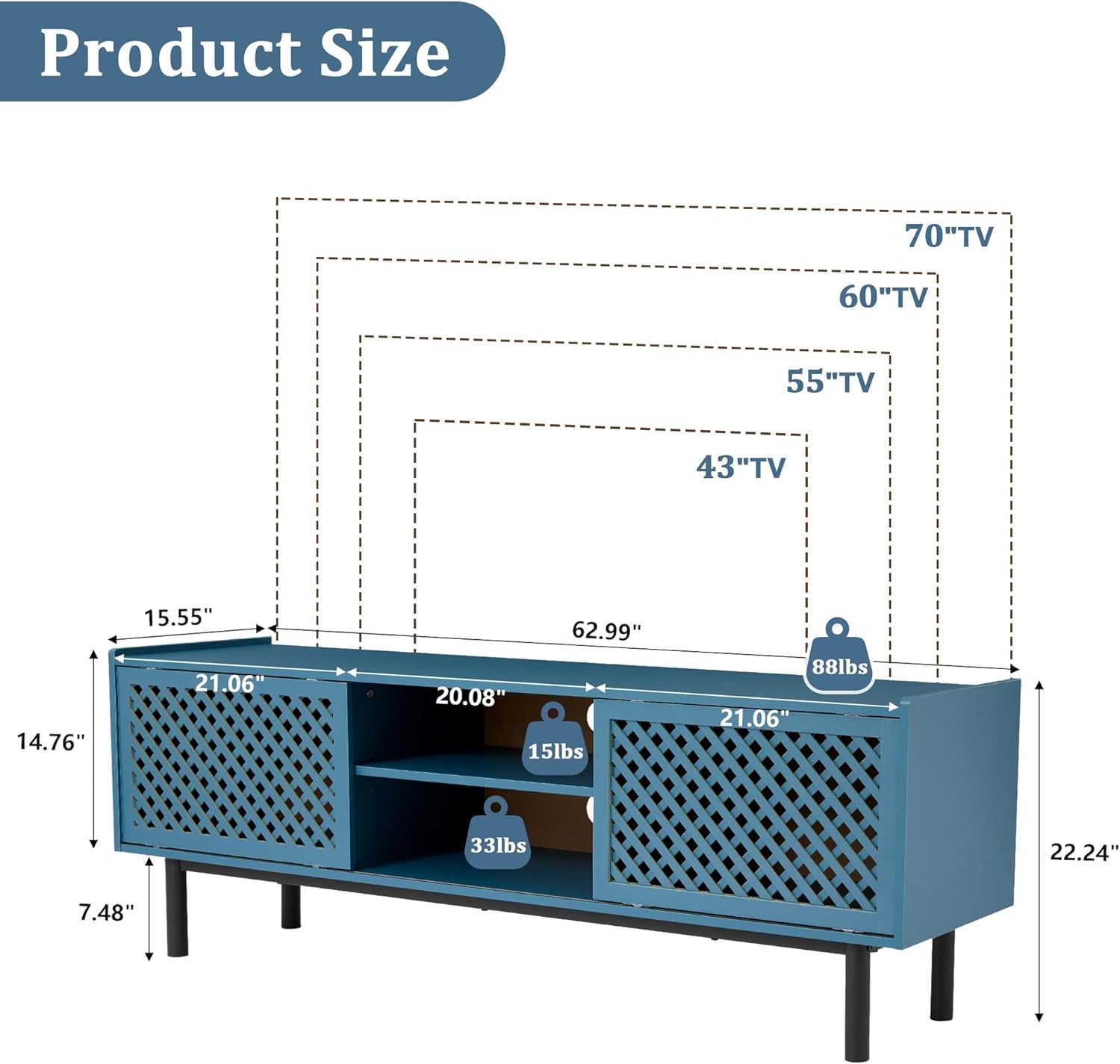 Farmhouse TV Stand for 70 Inch TV, Entertainment Media Center with Grid Sliding Door and Adjustable Shelves, Television Stands with Storage for Living Room Bedroom(Blue)