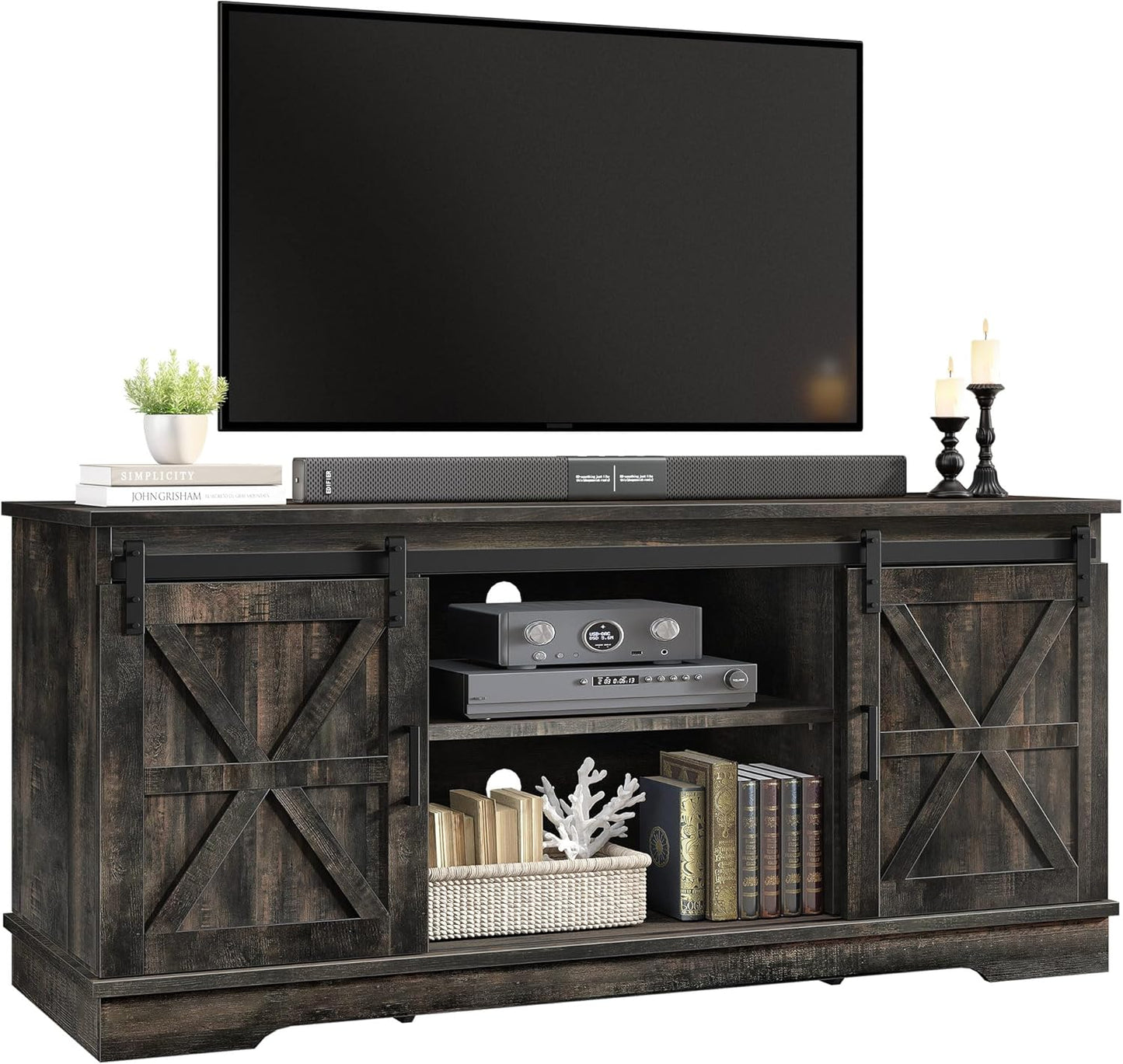 TV Stand for 65 55 Inch TV, Farmhouse Entertainment Center with Storage Cabinet and Sliding Barn Doors, Rustic TV Cabinet Media Console Table for Living Room, Dark Rustic Oak