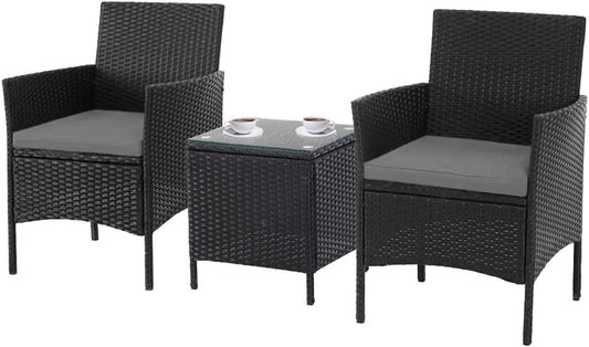 3-Piece Outdoor Bistro Set Patio Furniture Chairs Black Wicker Garden Furniture with Glass Coffee Table for Garden, Porch, Lawns, Poolside (Grey Cushion) - Design By Technique