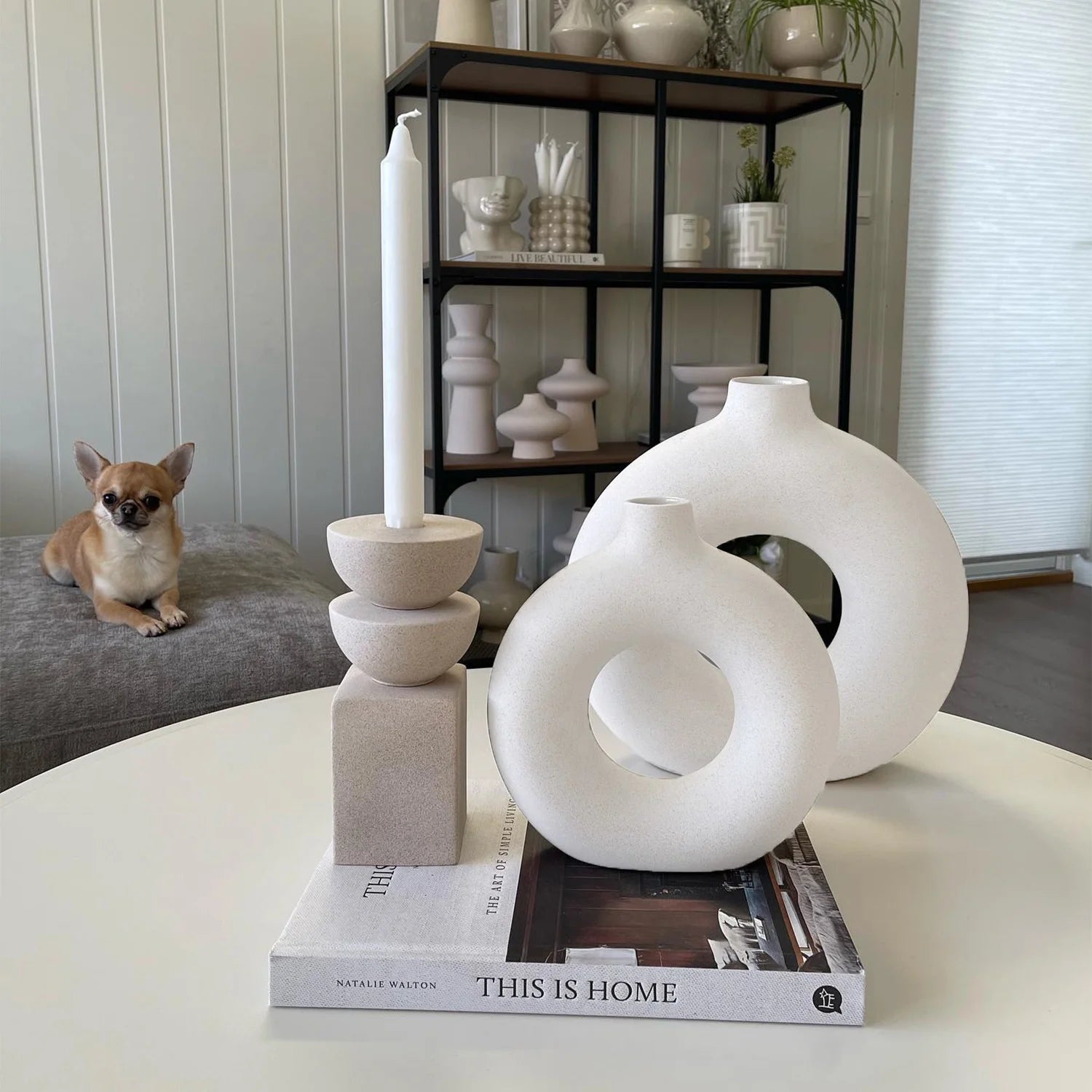 Ceramic Vases for Home Decor, Set of 2 Dount Vases, Modern Vase, White Vases, Farmhouse Vase, Decorative Vase, round Boho Vase for Bookshelf, Mantel, Table, Fireplace Decor - Design By Technique