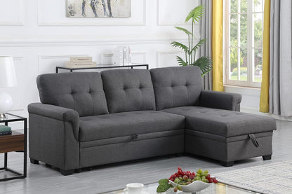 Lucca 84" W Dark Gray Linen Reversible Sleeper Sectional Sofa with Storage Chaise