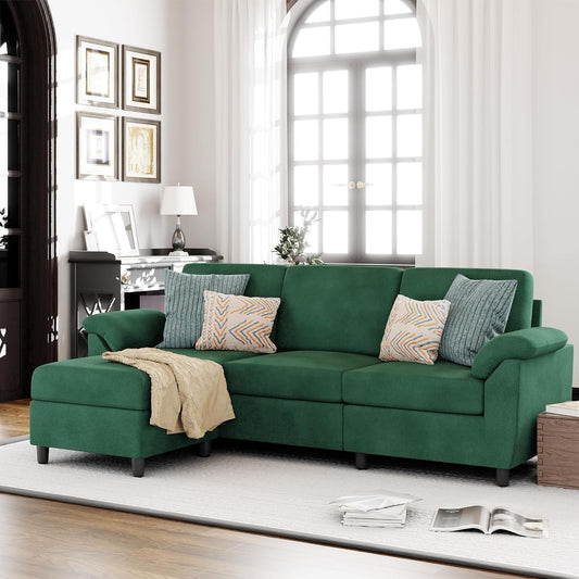 79" Convertible Sectional Sofa Couch, 3 Seat L Shaped Sofa with Removable Pillows Linen Fabric Small Couch Mid Century for Living Room, Apartment and Office,Green