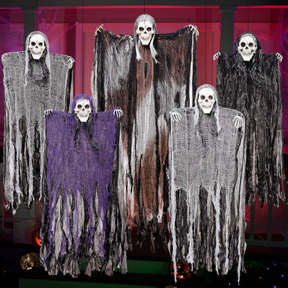 5 Pcs Halloween Hanging Grim Reapers, One 47”, Four 35" Halloween Skeleton Flying Ghosts for Halloween Outdoor Decoration, Haunted Haunted House Prop, Halloween Party Supplies Decor