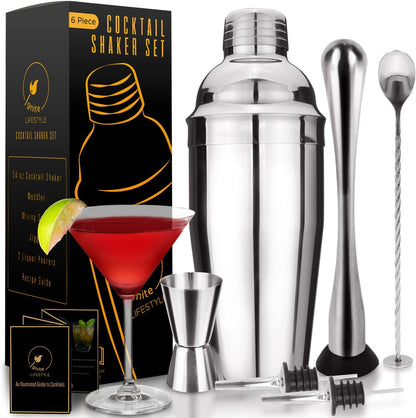 Cocktail Shaker Set - 24Oz Martini Shaker with Built-In Strainer, Recipe Book, Muddler, Mixing Spoon, Measuring Jigger, 2 Liquor Pourers - Drink Shaker, Bartender Kit for Home Bars