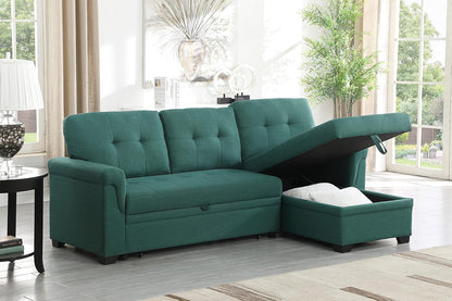 Lucca Green Linen Reversible Sleeper Sectional Sofa with Storage Chaise