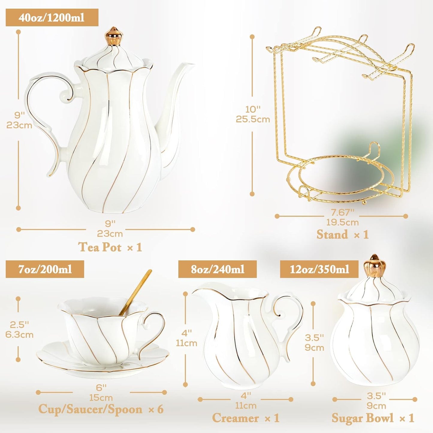 22 Pcs White Porcelain Tea Set for 6, Luxury British Style Tea/Coffee Cup Set with Golden Trim, Beautiful Tea Set for Women, Tea Party Set, Gift Package (With a Stand)