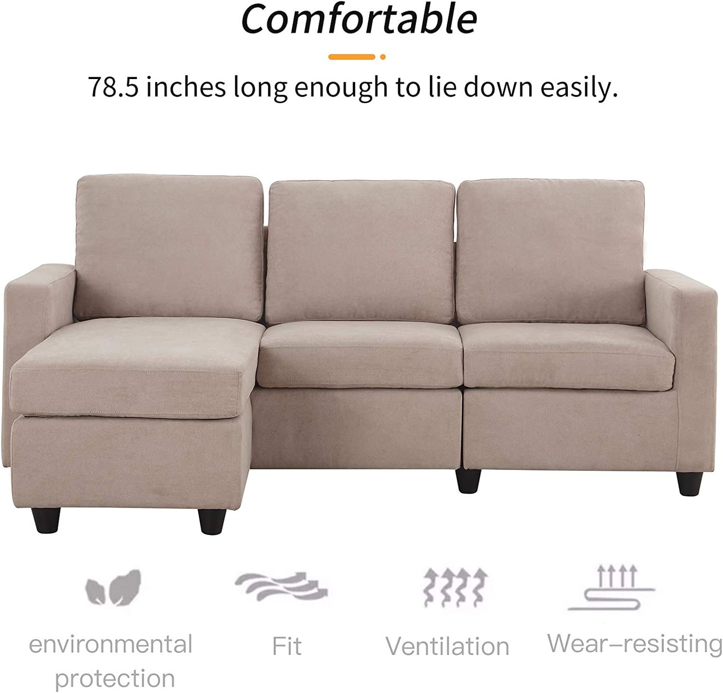 L Shaped Couch with Linen Fabric,Convertible, Reversible Sectional Sofa for Small Space, Dark Beige