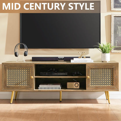 Mid Century Modern TV Stand with Metal Mesh Doors and Open Shelf for Tvs up to 65" Boho Media Console Entertainment Center with Cable Holes for Living Room Rustic Oak 59.06"X15.55"X20.87"