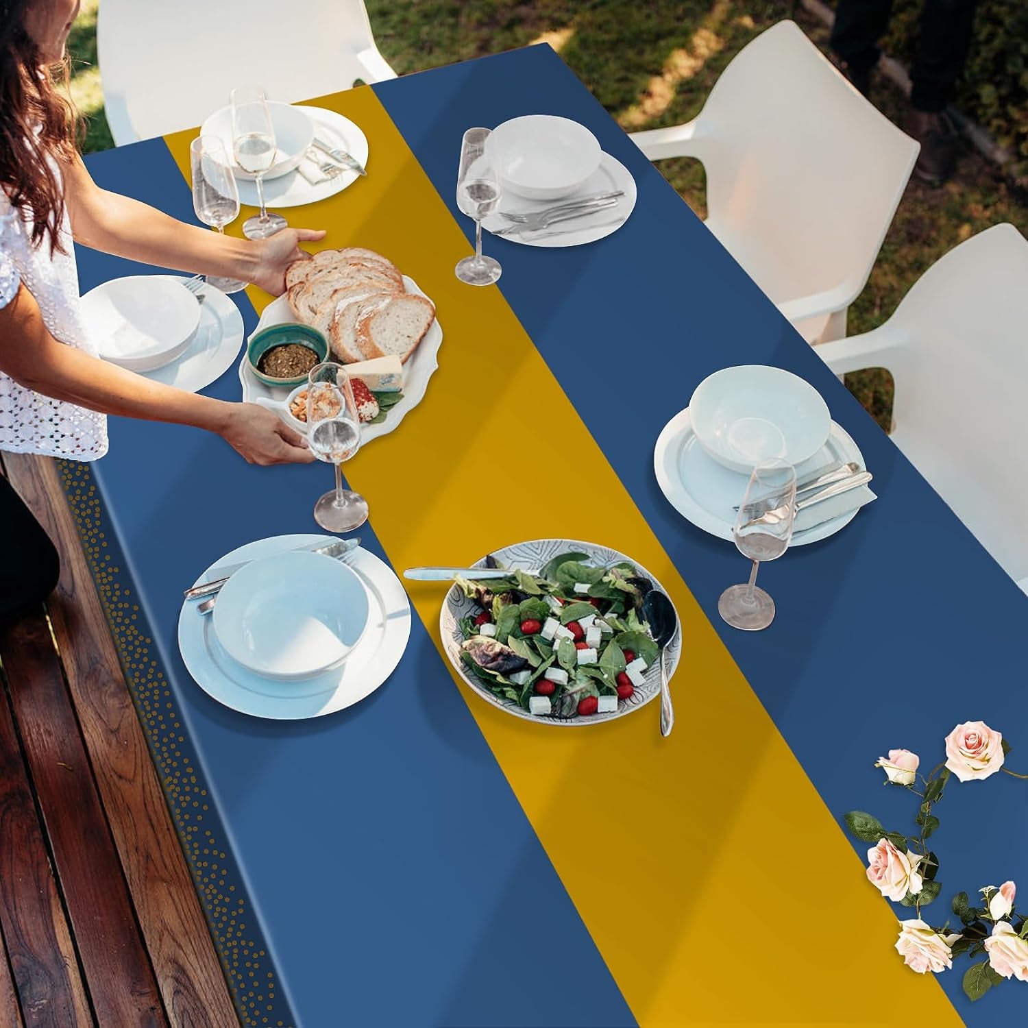 Tablecloths for Rectangle Tables, 3 Pack 54" X 108" Disposable Plastic Table Cloth, Blue Gold Dot Tablecloths Disposable Tablecloth for Weddings Buffet Table