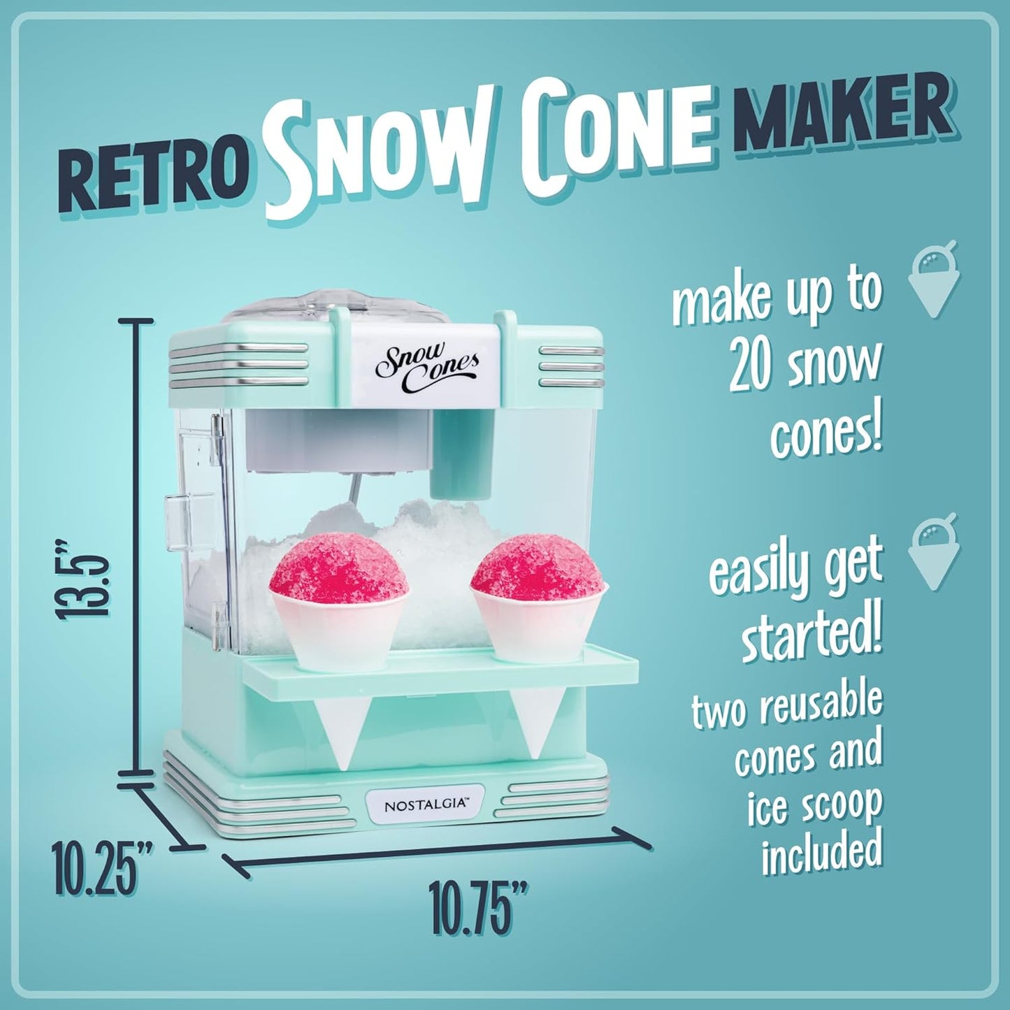 Snow Cone Shaved Ice Machine - Retro Table-Top Slushie Machine Makes 20 Icy Treats - Includes 2 Reusable Plastic Cups & Ice Scoop - Aqua