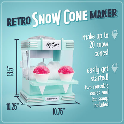 Snow Cone Shaved Ice Machine - Retro Table-Top Slushie Machine Makes 20 Icy Treats - Includes 2 Reusable Plastic Cups & Ice Scoop - Aqua