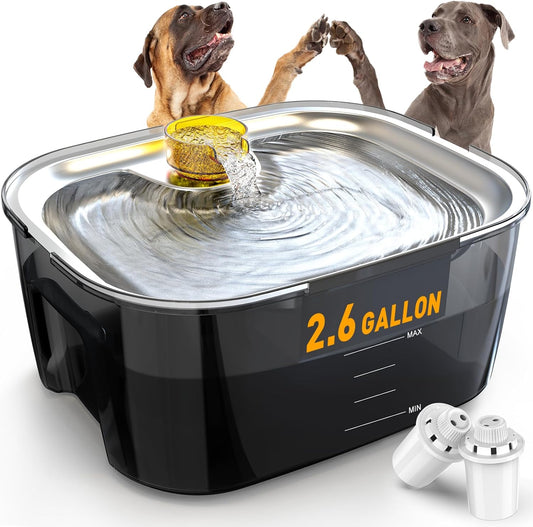 Large Dog Water Fountain for Large Dogs 2.6 Gallon, 10L Automatic Dog Water Bowl Dispenser Big Cat Pet Water Fountain inside with Stainless Steel Filtered Drinking Bowl Safe Pump for Multiple Pet