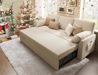 Sleeper Sofa, Sofa Bed- 2 in 1 Pull Out Couch Bed with Storage Chaise for Living Room, Beige Chenille Couch