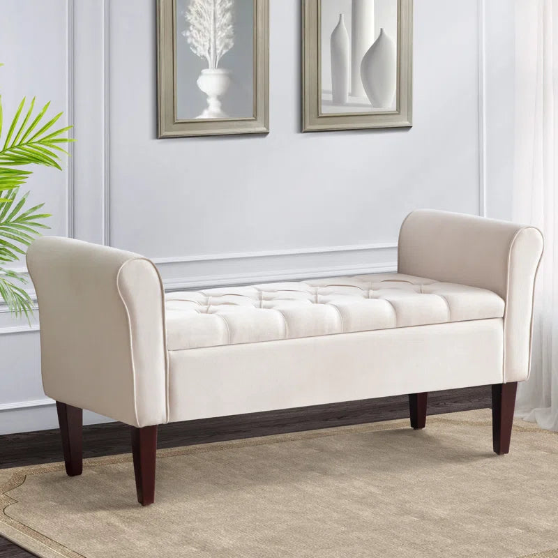 Polyester Upholstered Storage Bench with Tufted Flip Top and Wooden Legs